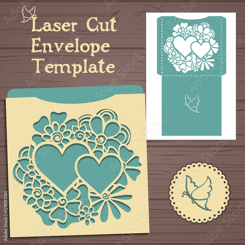 Lasercut vector wedding invitation template. Wedding invitation envelope with flowers for laser cutting. Lace gate folds.Laser cut vector.