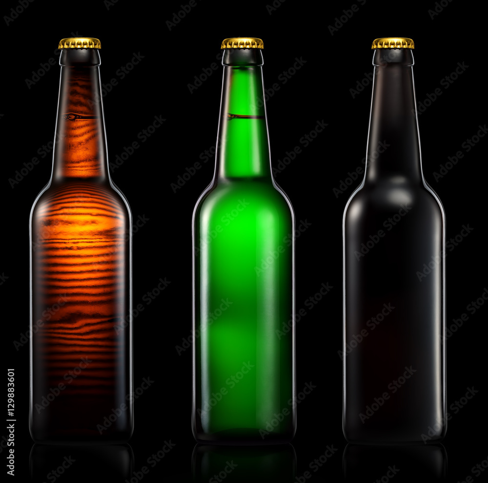 Set of beer bottles isolated on black background. Set of beer bottles isolated on black background.