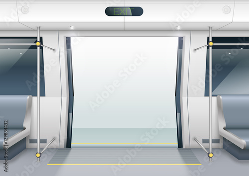 Sliding doors of modern subway car with seating for passengers. Vector graphics