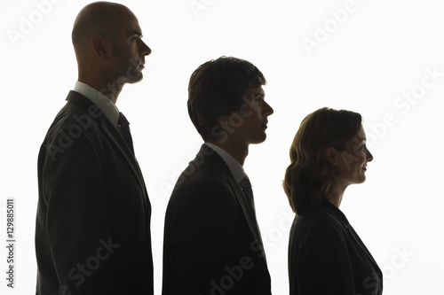 Konstfotografi Profile shot of businesspeople standing in row in height order against white bac