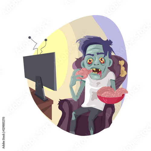 Zombie Watching TV Flat Vector Illustration