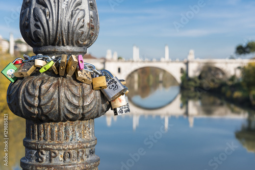 Rome (Italy) - Padlocks on Milvio Bridge, The Tiber river and th