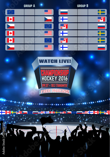 Vector ice hockey arena Board Empty Field Background Championship Toronto. Vertical poster.