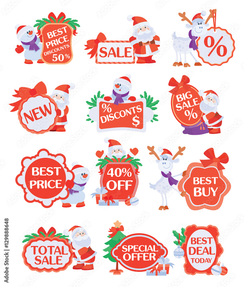 Set of Winter Holidays Discounts Vector Stickers