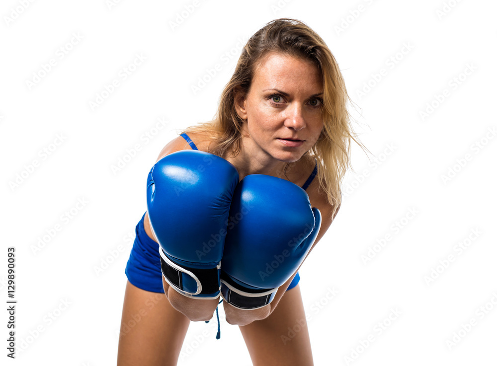 Pretty blonde woman with blue boxing gloves Pretty blonde woman with blue boxing gloves
