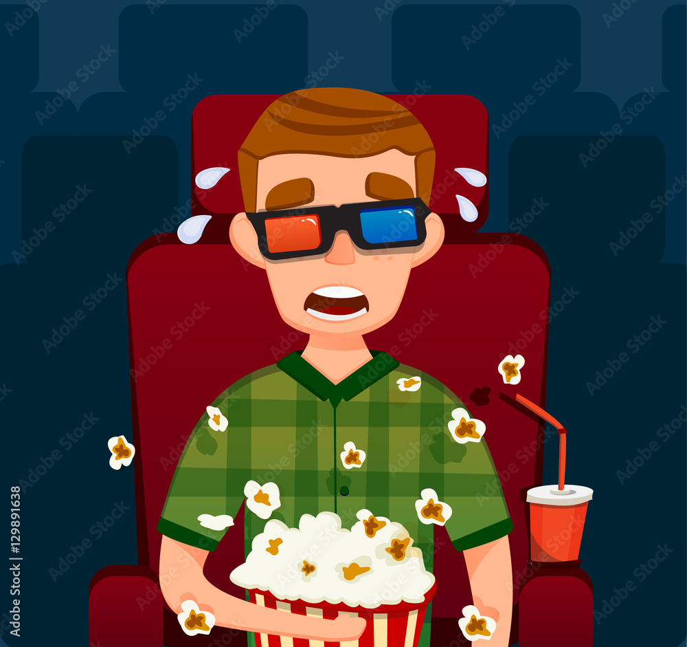 Naklejka premium Scary guy. in cinema. Boy in 3D. Vector flat illustration. Man Sit Watching Movie. With Popcorn.