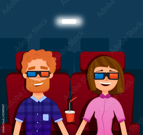 Couple watching a movie in the cinema. People Sitting in .Vector Illustration