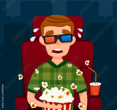 Scary guy. in cinema. Boy in  3D. Vector flat illustration. Man Sit Watching Movie. With Popcorn.
