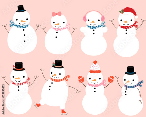 Cute snowman characters with winter scarves, hats and mittens