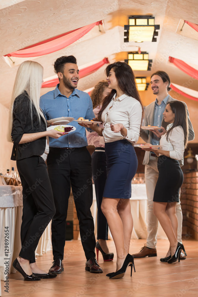 Fototapeta premium Businesspeople Group Catering Buffet Food Restaurant, Business Banquet At Company Event Celebration, People Team Communication Coffee Break