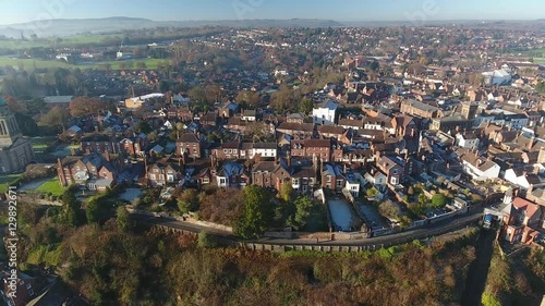 Descending aerial view of Bridgnorth, Shropshire, UK. photo