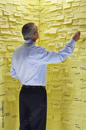 Rear view of a businessman standing in front of wall covered in sticky notes