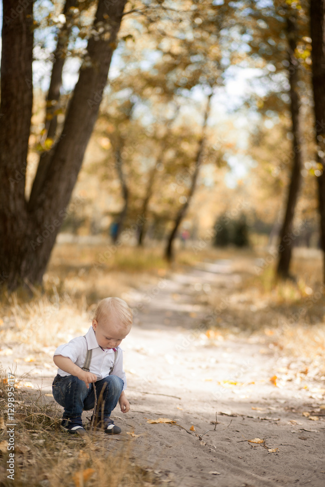 Little boy playing in autumn park Little boy playing in autumn park