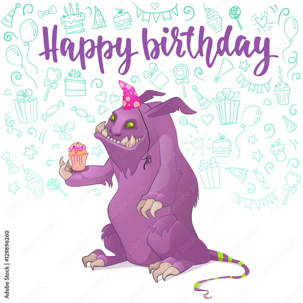 Naklejka premium Happy Birthday cute monster card.