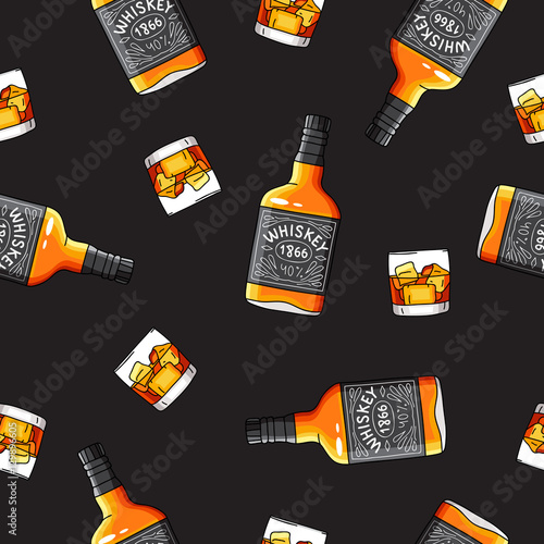 Seamless vector pattern of the bottles and glasses of Whiskey