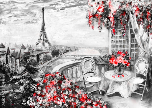 Fototapeta Obraz olejny, letnia kawiarnia w Paryżu. delikatny krajobraz miasta. Streszczenie kwiat. Widok z balkonu. Wieża Eiffla, Francja, tapeta. Sztuka współczesna