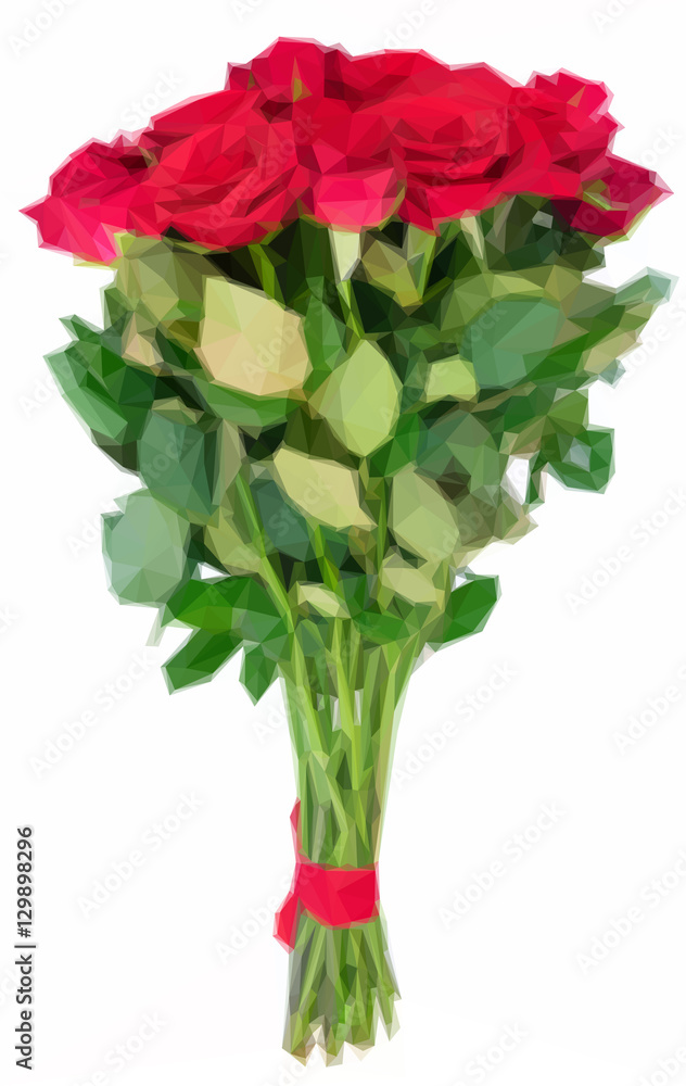 Low poly illustration Bouquet of dark red rose buds with green leaves on white background Low poly illustration Bouquet of dark red rose buds with green leaves on white background