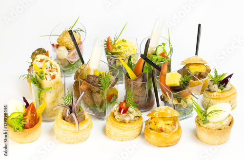 Mini Canape with meat and vegetables in plastic cups