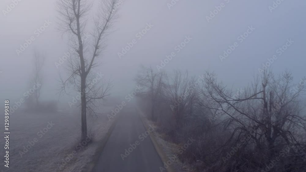 AERIAL: Country road leading through dark creepy fields in foggy winter AERIAL: Country road leading through dark creepy fields in foggy winter