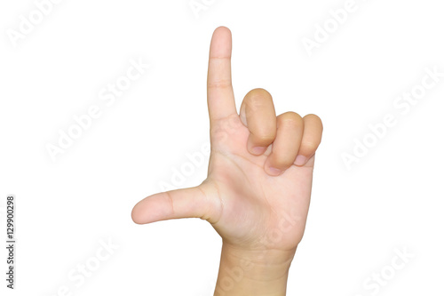 Girl finger sign a gun or loser on white backgrounds. © dsom