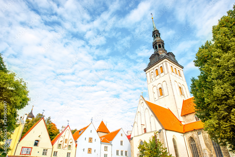 Ciytscape view on the old town with saint Nicholas church in Tallinn, Estonia