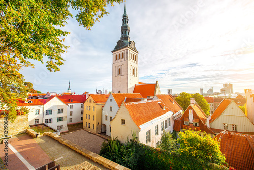 Ciytscape view on the old town with saint Nicholas church in Tallinn, Estonia