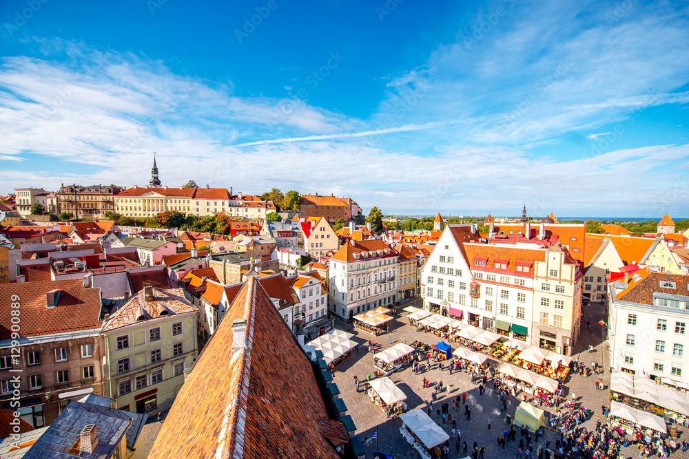 Aerial view on the old town with main central square in Tallin, Estonia
