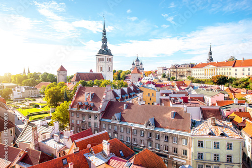 Cityscape aerial view on the old town with saint Nicholas church tower and Toompea hill in Tallin, Estonia