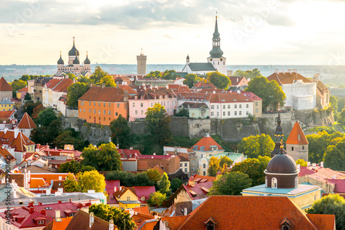 Aerial view from church tower on the old town of Tallinn on the sunset in Estonia