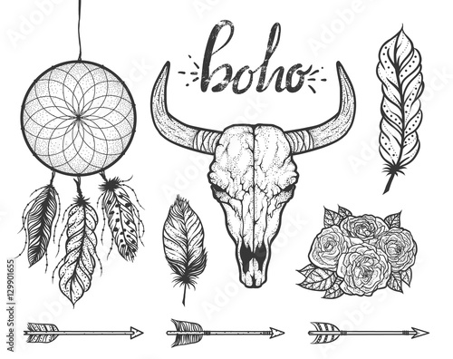 Set of Boho elements. Bull skull native Americans tribal style. Tattoo blackwork. Vector hand drawn illustration.