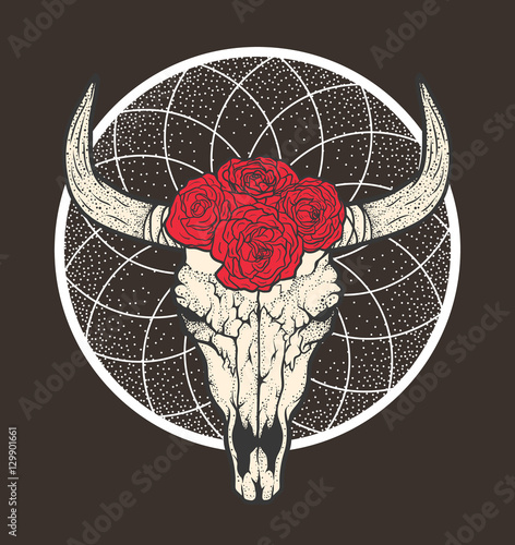 Bull skull with roses native Americans tribal style. Tattoo blackwork. Vector hand drawn illustration. Boho design