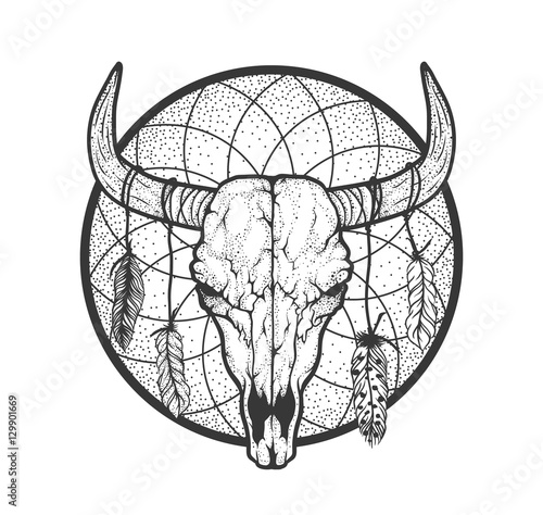 Bull skull with feathers native Americans tribal style. Tattoo blackwork. Vector hand drawn illustration. Boho design