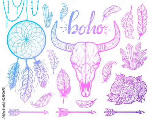 Set of Boho elements. Bull skull native Americans tribal style. Tattoo blackwork. Vector hand drawn illustration. © bigbaraboom