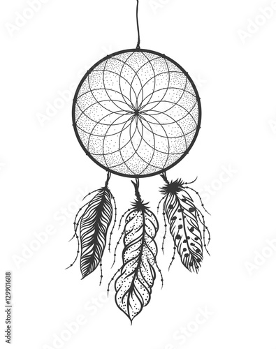 Dreamcatcher with detailed feathers. Boho style tattoo. Vector illustration