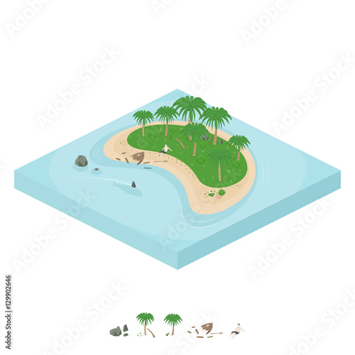 Isometric island. Man on the island after shipwreck. Broken boat, shark. Vector Illustration.