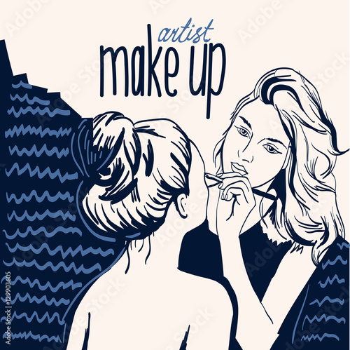 Woman visagist makeup artist paints on the face of his client. Illustration 
