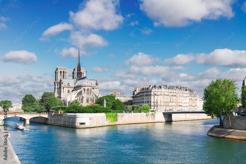 Notre Dame cathedral church, Site island and Seine at summer day, Paris, France