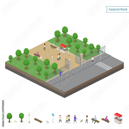 Isometric central park + object isolated on white background. Entrance to the city park. People walking on road. Summer time. Vector illustration. 