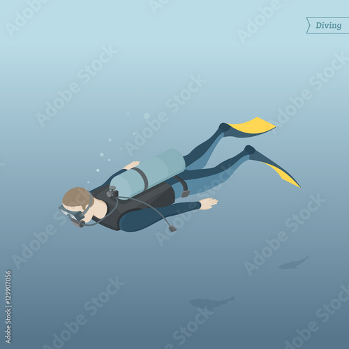 Isometric diver under water. Extreme sport. Scuba diver floating with fish. Vector illustration.