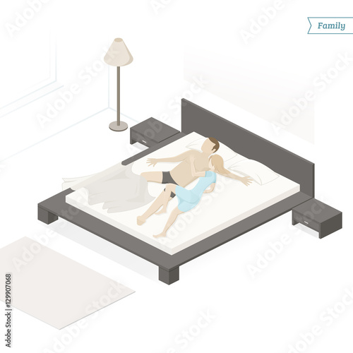 Young family. Couple in bed sleeping together. Isometric view. Vector illustration.