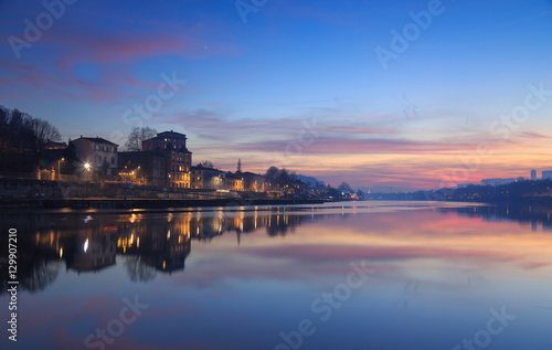 Colorful dawn at the Saone river in the city of Lyon.