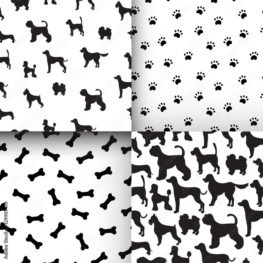 Awesome set of seamless pattern with dog silhouettes, cartoon bo