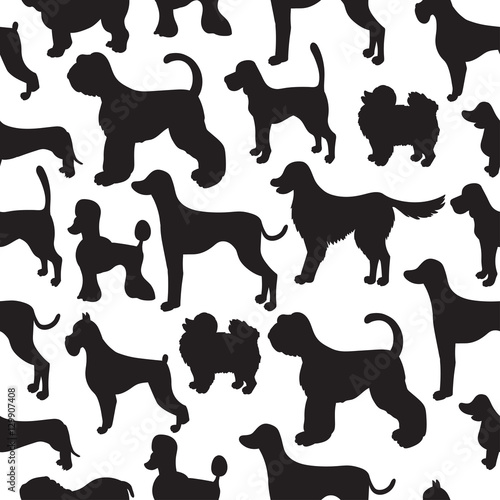 Awesome seamless pattern with dog silhouettes. Different breeds.