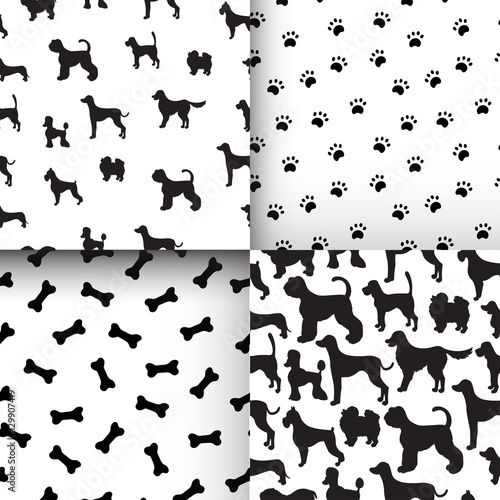 Awesome set of seamless pattern with dog silhouettes, cartoon bo