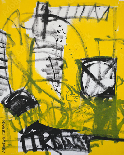 Abstract art background. Oil painting on canvas. Black, white and yellow texture. Fragment of artwork. Spots of oil paint. Brushstrokes of paint. Hand-painted. Modern art. Contemporary art