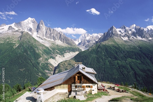 View across valley to the Mer de Glace and mountains, La Flegere, Chamonix, Haute Savoie, Rhone Alpes, French Alps, France photo