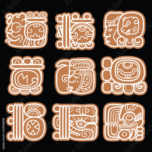 
Mayan glyphs, writing system and languge vector design in brown