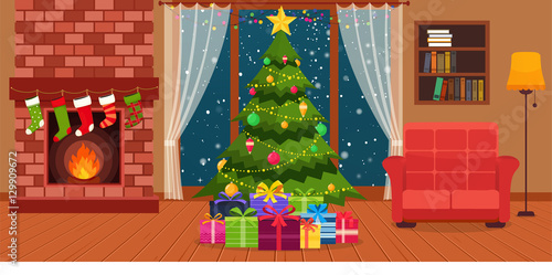 Christmas room interior with fireplace, armchair with lamps, shelf for books and green Christmas tree by the window.