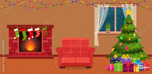 Christmas room interior with fireplace. © Ramcreative