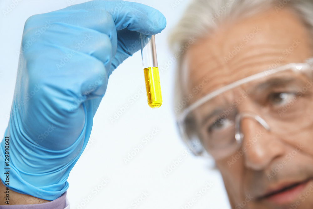 Closeup of a cropped mature male scientist examining test tube of yellow  liquid in laboratory Stock Photo | Adobe Stock